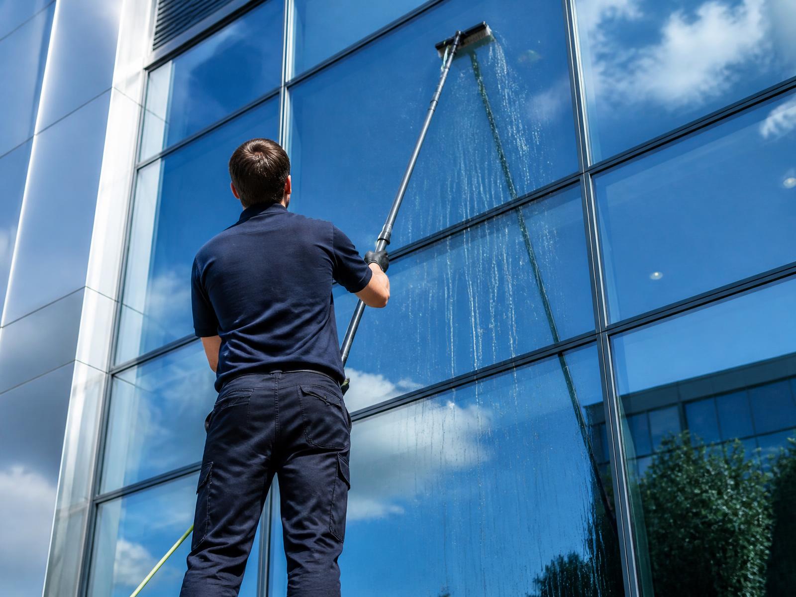 Técnico de E-CHID limpiando una fachada de cristal con pértiga de agua pura